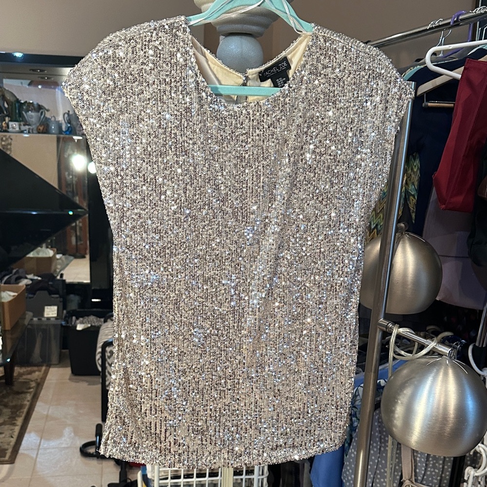 Rachel Zoe Sparkling Silver Sequin Top Size XS